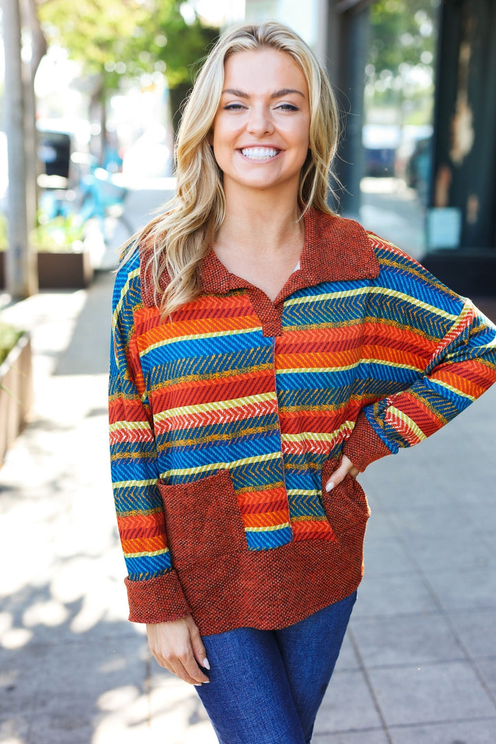 Casual Living Rust & Teal Striped Two Tone Knit Pocketed Top   2024 Blow-Out Sale Joy & Country