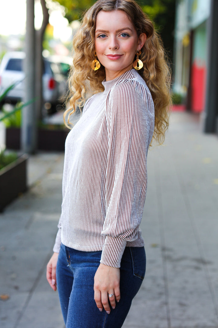 Tried And True - Camel Ribbed Puff-Sleeve Top