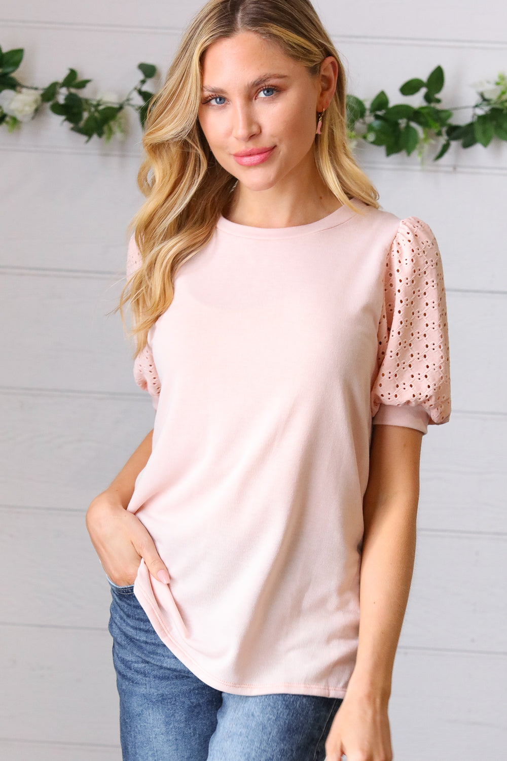 Creamsicle Eyelet Puff-Sleeve Top   Short-Sleeve Tops Joy & Country