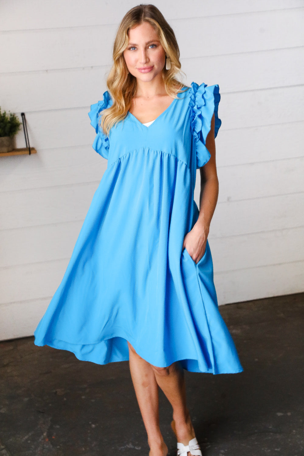 [FINAL SALE] Ocean Blue Crepe Babydoll Dress