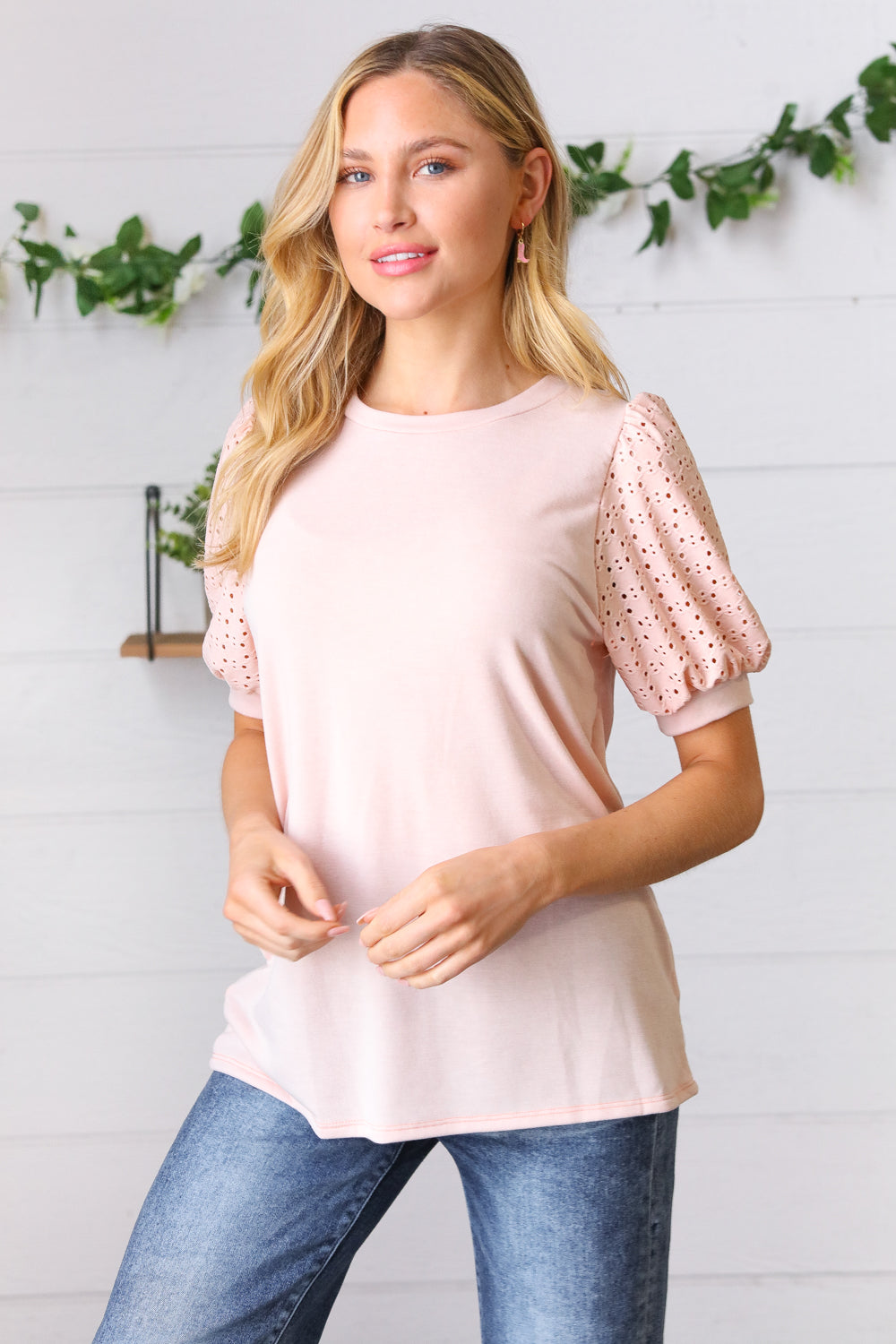 Creamsicle Eyelet Puff-Sleeve Top   Short-Sleeve Tops Joy & Country