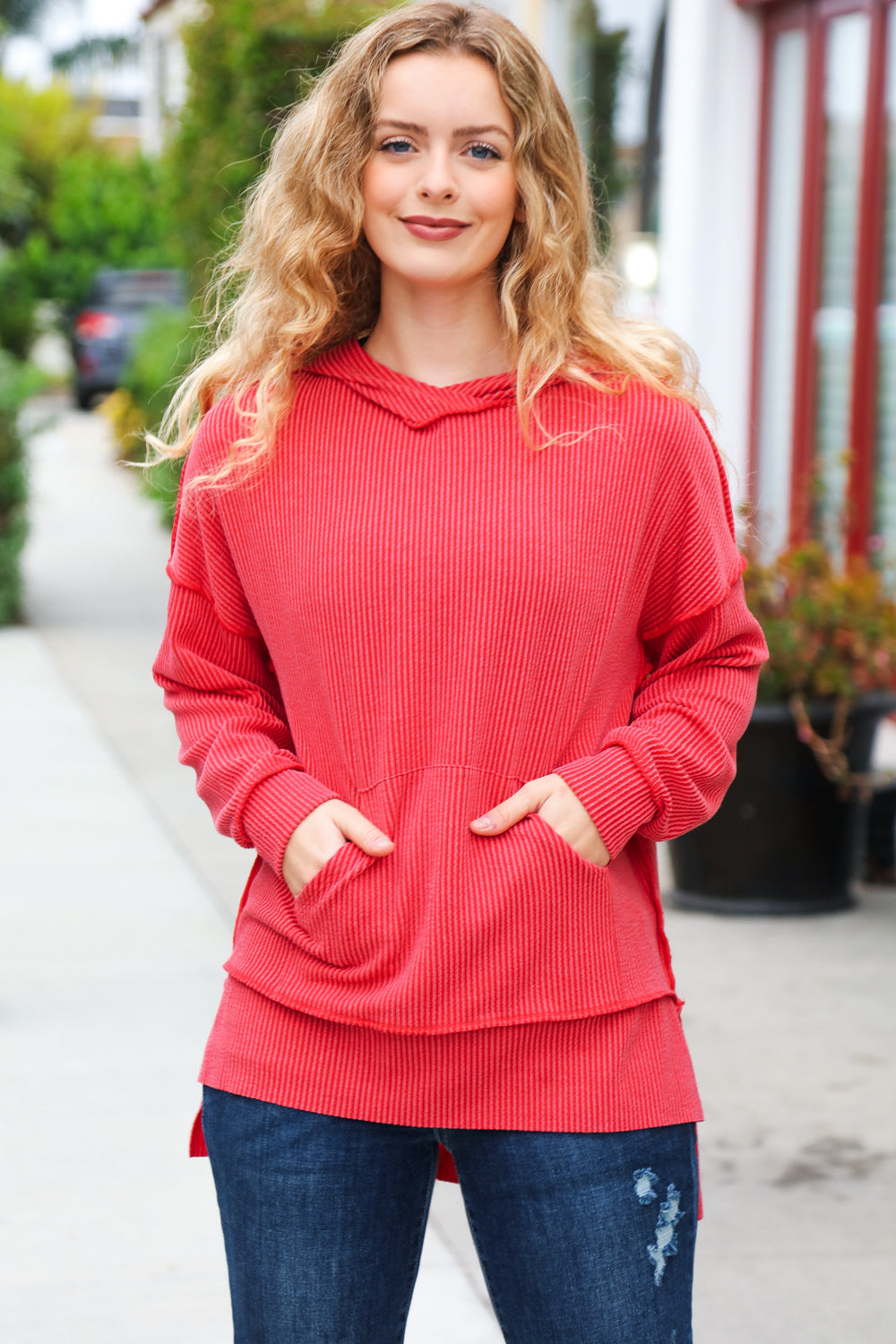 Morning Joy Mineral-Wash Ribbed Hoodie - Red
