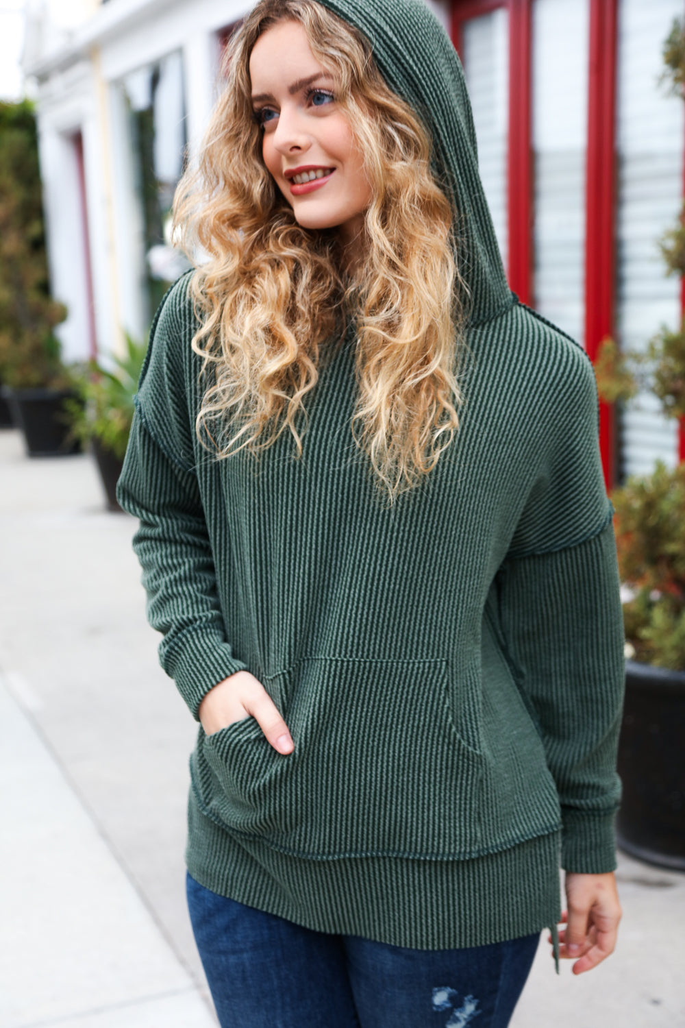 Morning Joy Mineral-Wash Ribbed Hoodie - Forest Green