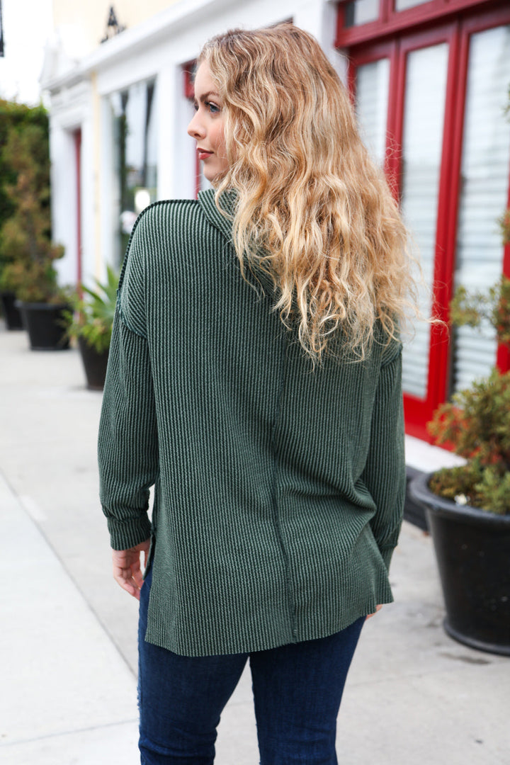Morning Joy Mineral-Wash Ribbed Hoodie - Forest Green