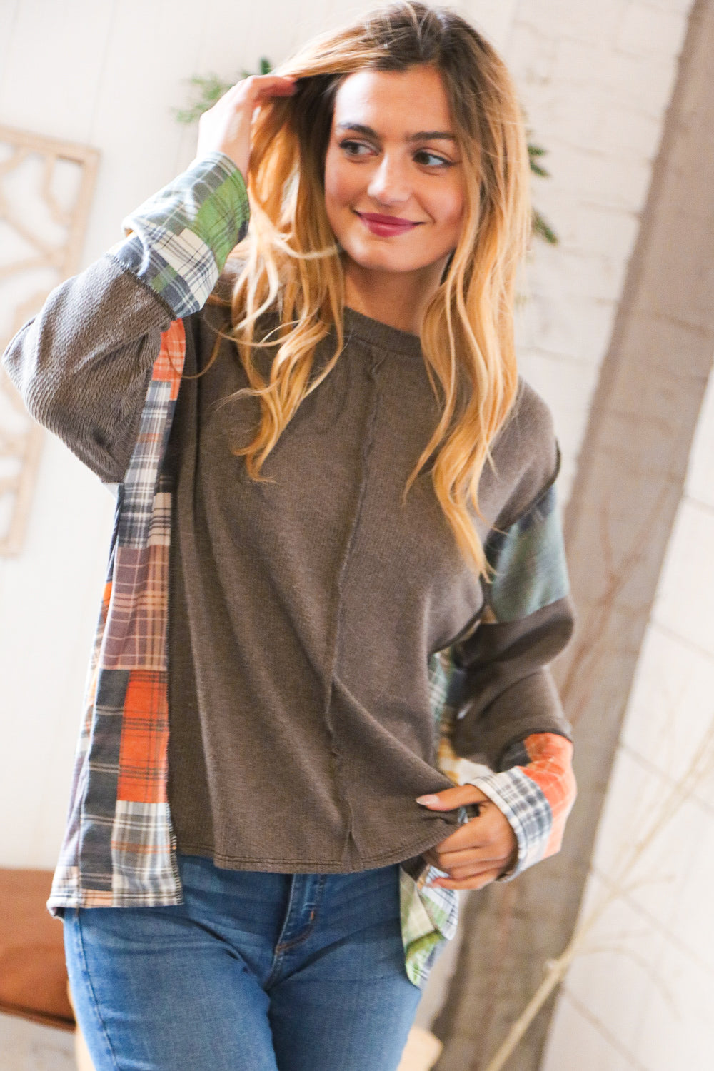 Plaid Accents Oversized Top
