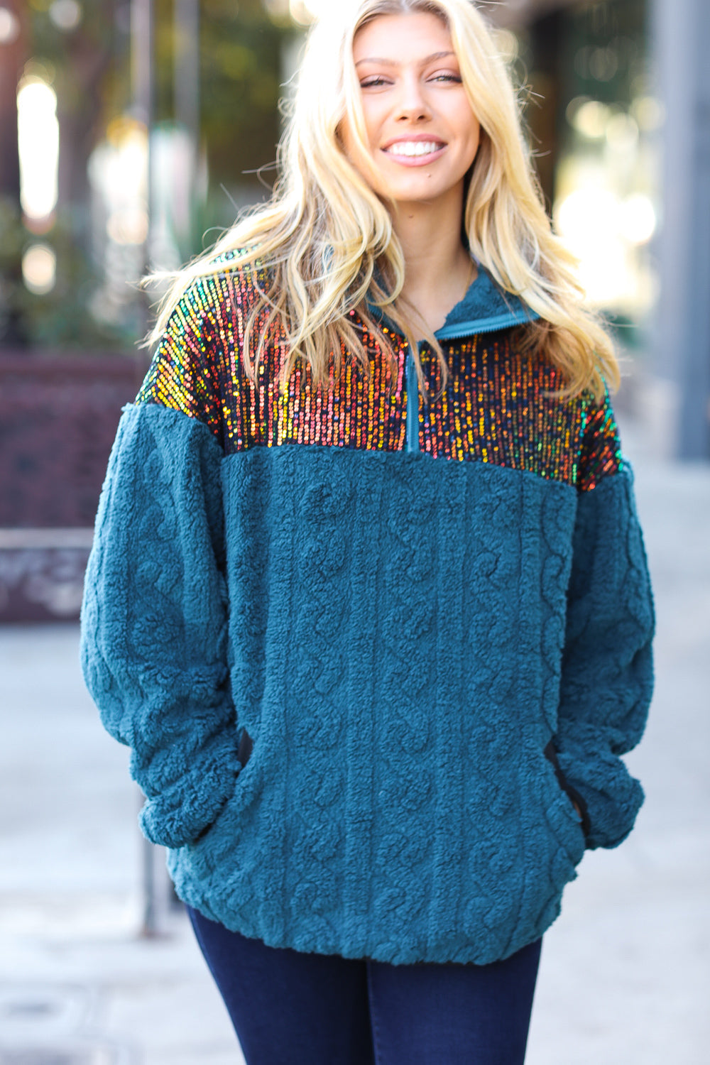 Take Me Out - Teal Sequin & Sherpa Pullover
