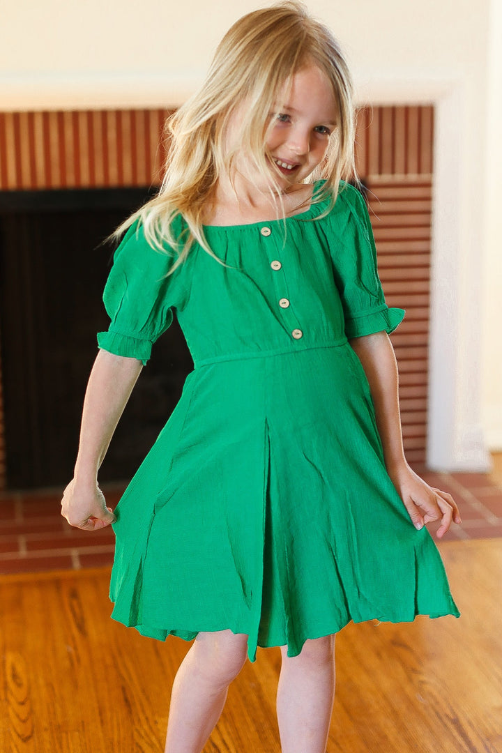 Loved And Adored - Kids' Square-Neck Ruche-Back Dress - Emerald Green