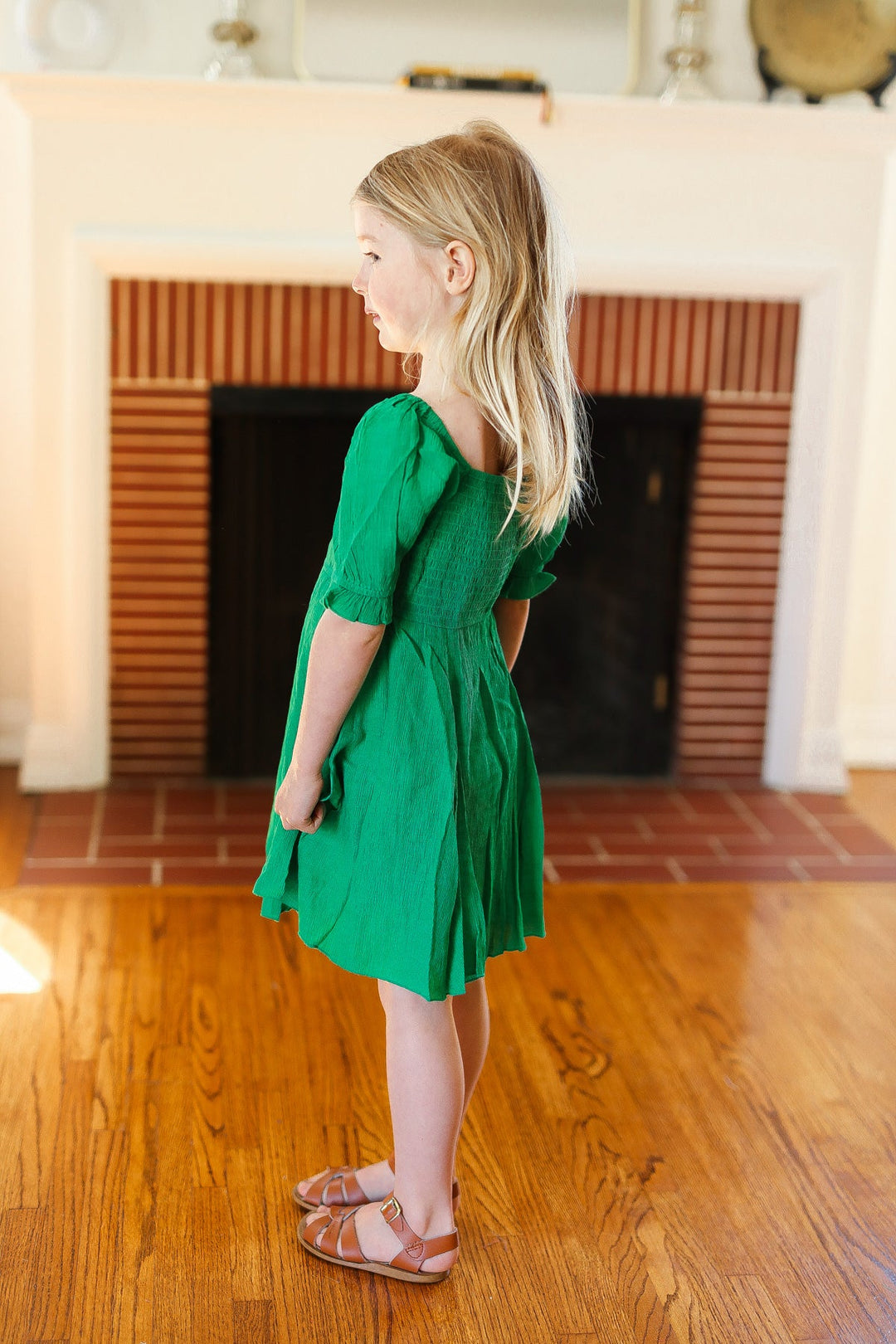 Loved And Adored - Kids' Square-Neck Ruche-Back Dress - Emerald Green