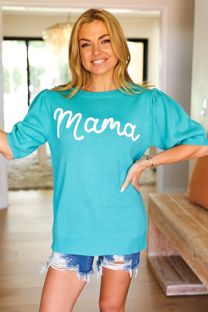 "Mama" Embroidery Pop-Up Sweater Top - Mint