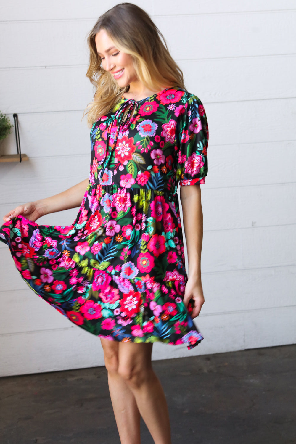 Floral Showers Tiered Front-Tie Dress