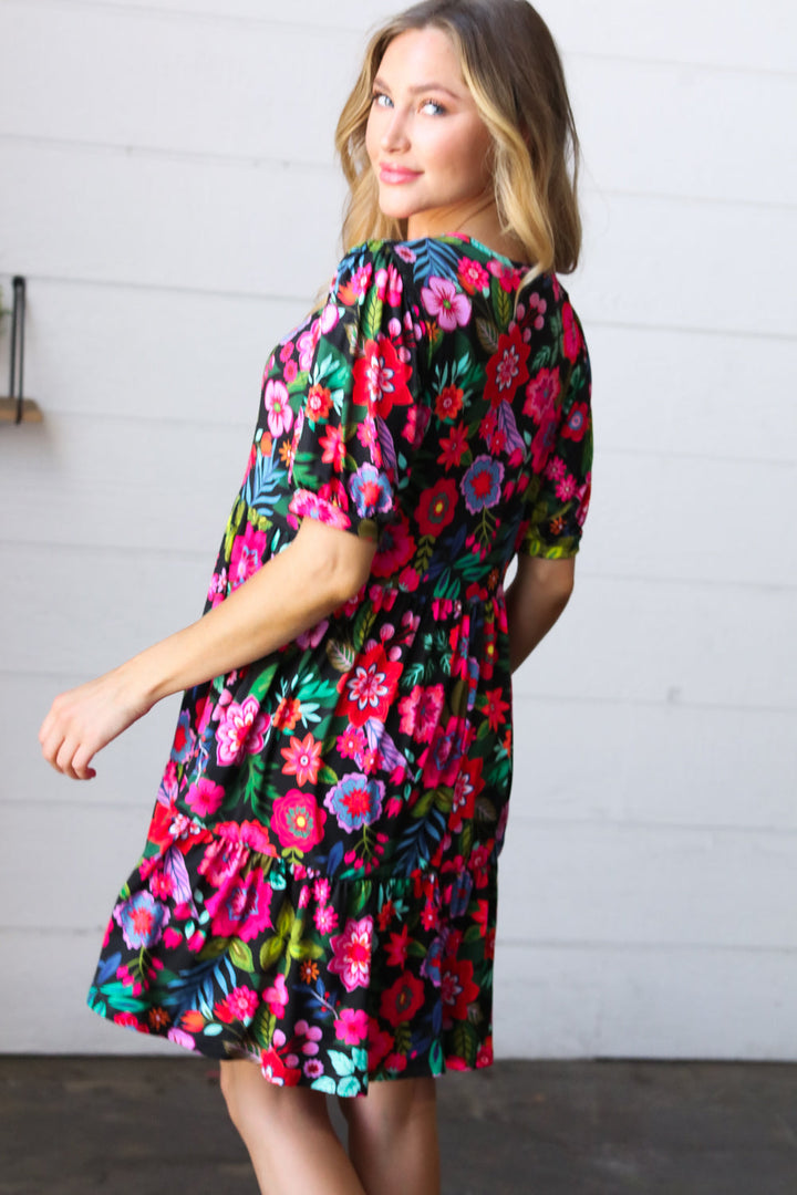 Floral Showers Tiered Front-Tie Dress