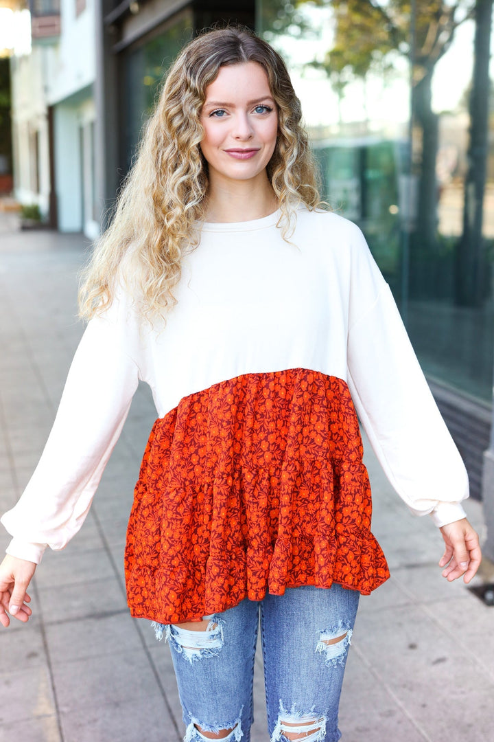 Star Struck Vintage Floral Oatmeal Tiered Babydoll Twofer Top   2024 Blow-Out Sale Joy & Country