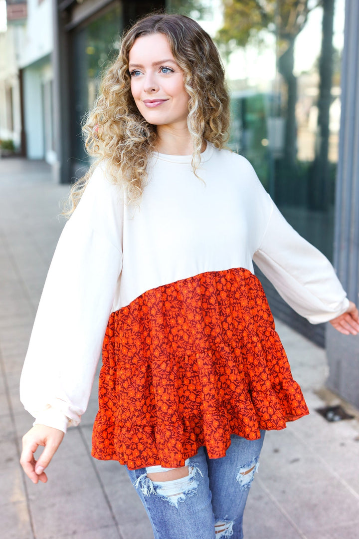 Star Struck Vintage Floral Oatmeal Tiered Babydoll Twofer Top   2024 Blow-Out Sale Joy & Country