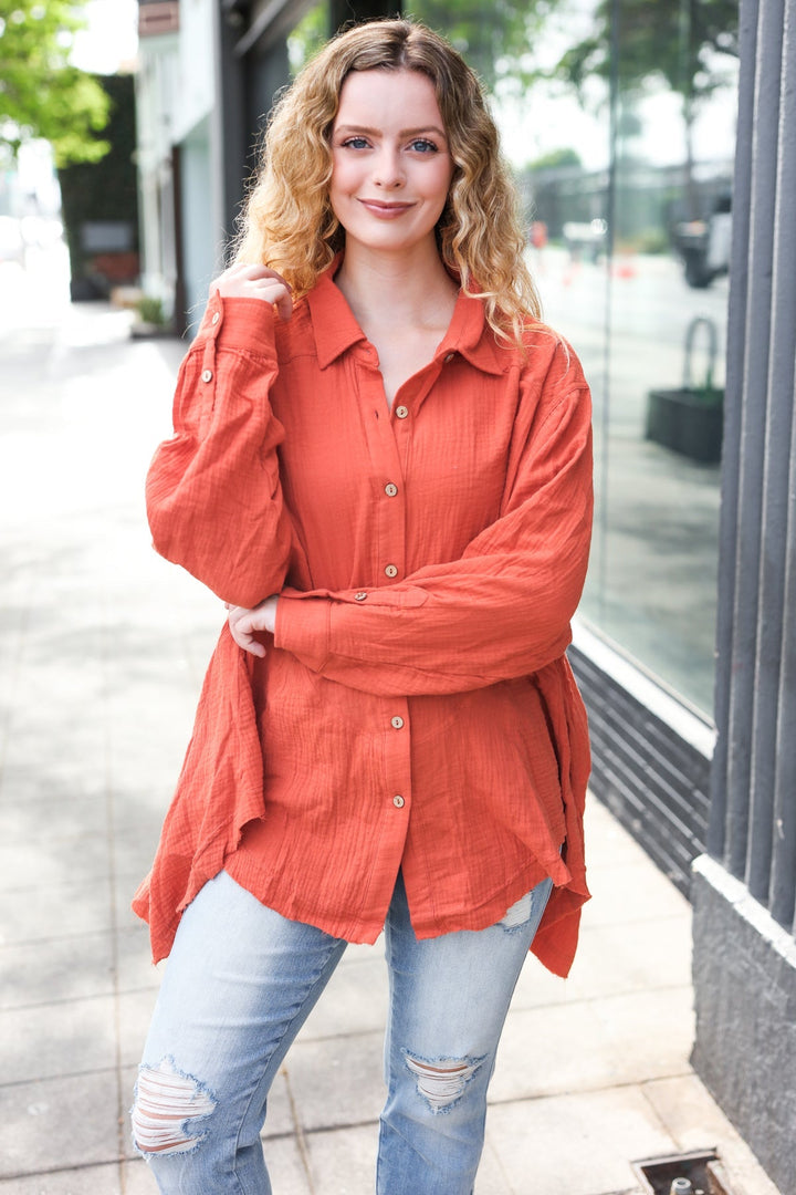 Everyday Rust Button Down Sharkbite Cotton Tunic Top   2024 Blow-Out Sale Joy & Country