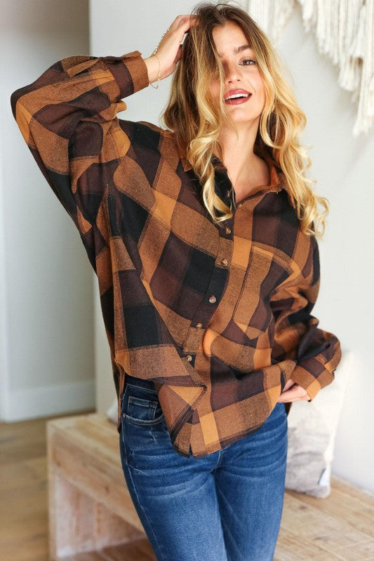 Plaid Button-Down Oversized Top - Camel & Charcoal - Joy & Country