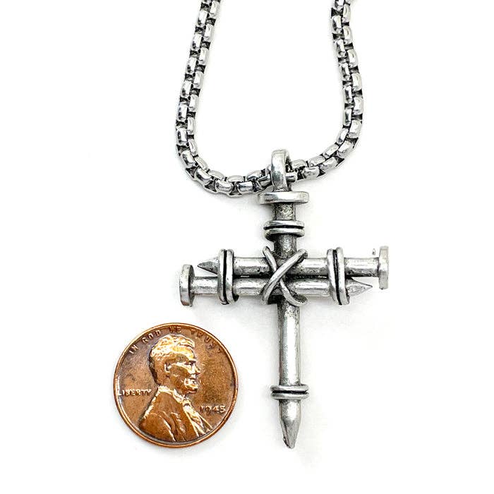 Nail Cross Necklace on Heavy 24" Stainless Steel Box Chain - Pewter