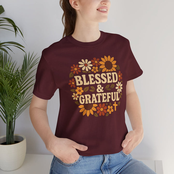 Blessed & Grateful Floral Wreath - Unisex Crew-Neck Tee   T-Shirt Joy & Country
