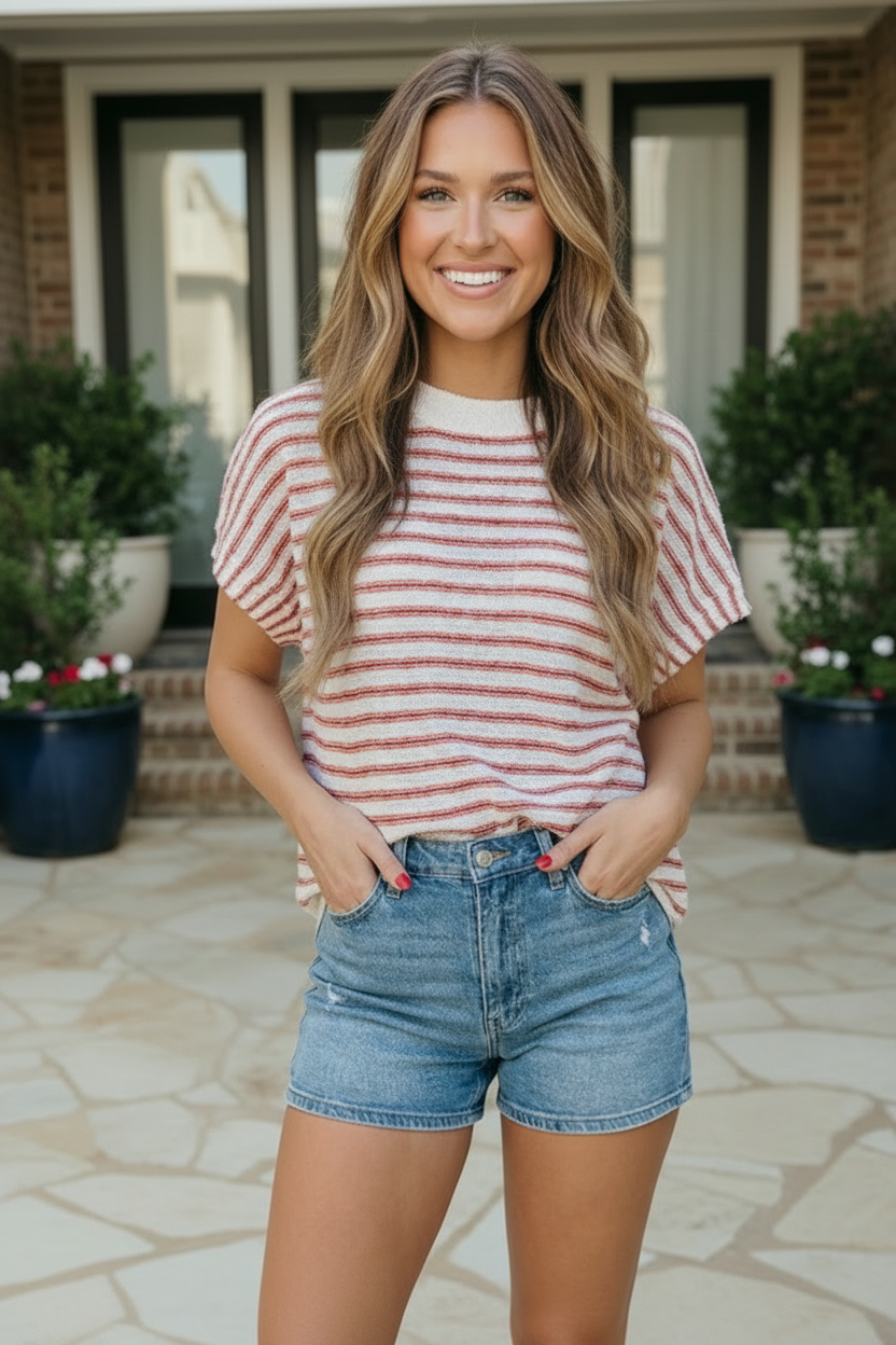Breezy Stripe Knit Top in Ivory and Red    Joy & Country