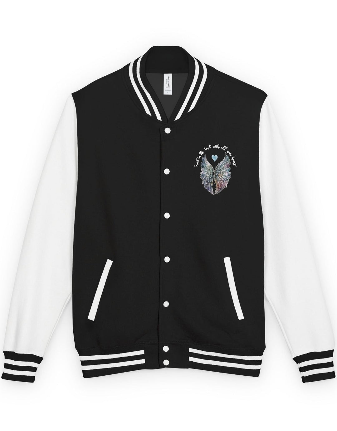 Black and white varsity jacket with a Trust in the Lord angel wings design on the chest against a white background