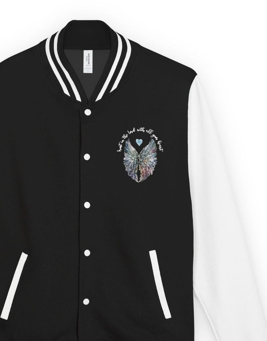 Trust In The Lord With Angel Wings - Soft Unisex Letterman Jacket   Outerwear Joy & Country