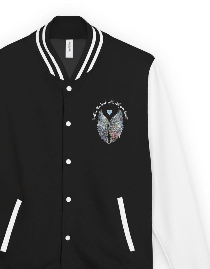 Trust In The Lord With Angel Wings - Soft Unisex Letterman Jacket   Outerwear Joy & Country