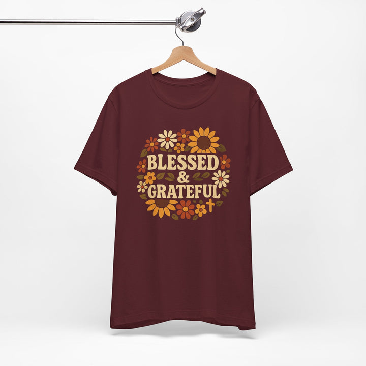 Blessed & Grateful Floral Wreath - Unisex Crew-Neck Tee   T-Shirt Joy & Country