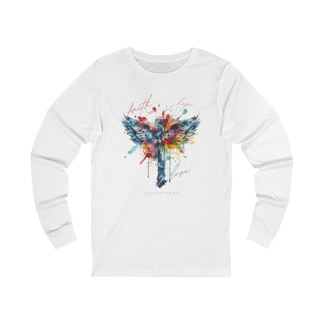 Faith, Hope, Love Cross With Angel Wings - Watercolor Design - Unisex Long-Sleeve Tee
