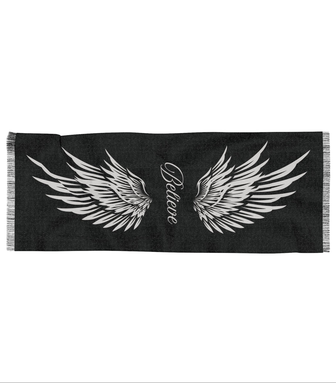 Copy of Believe With Angel Wings - Black - Semi-Translucent Lightweight Inspirational Wrap Scarf   All Over Prints Joy & Country