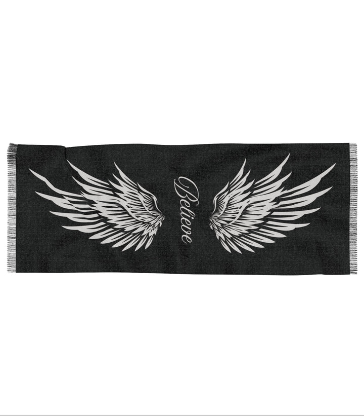 Copy of Believe With Angel Wings - Black - Semi-Translucent Lightweight Inspirational Wrap Scarf   All Over Prints Joy & Country