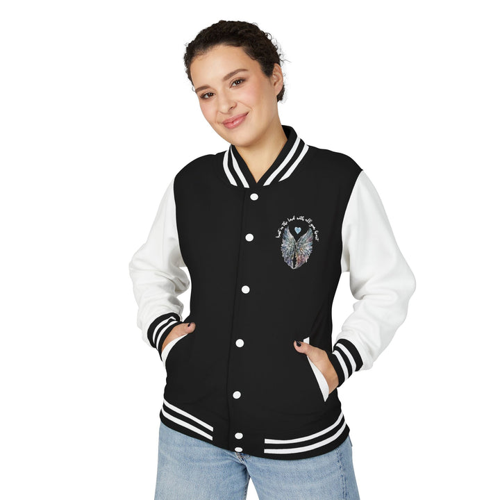 Trust In The Lord With Angel Wings - Soft Unisex Letterman Jacket   Outerwear Joy & Country
