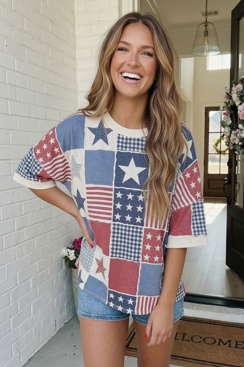 Stars and Stripes Patchwork Oversized Top    Joy & Country