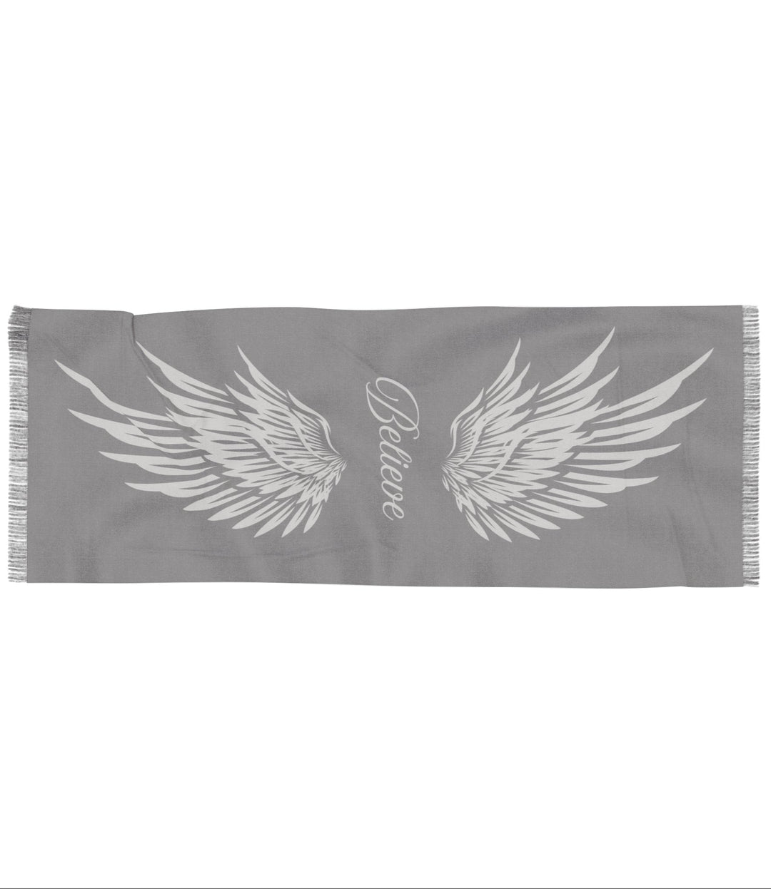 Believe With Angel Wings - Grey - Semi-Translucent Lightweight Inspirational Wrap Scarf   All Over Prints Joy & Country