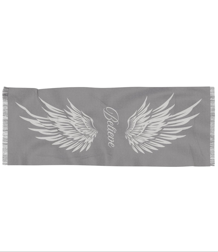 Believe With Angel Wings - Grey - Semi-Translucent Lightweight Inspirational Wrap Scarf   All Over Prints Joy & Country