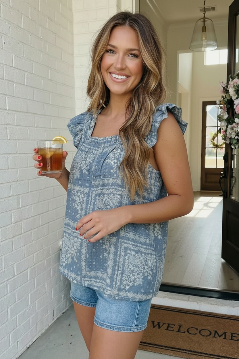 Dusty Blue Bandana Print Ruffle Top    Joy & Country
