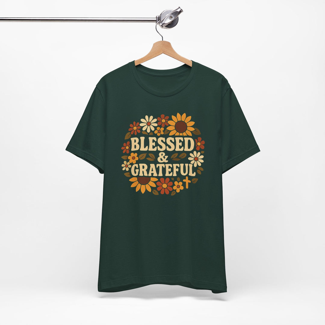 Blessed & Grateful Floral Wreath - Unisex Crew-Neck Tee   T-Shirt Joy & Country