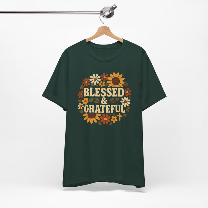 Blessed & Grateful Floral Wreath - Unisex Crew-Neck Tee   T-Shirt Joy & Country