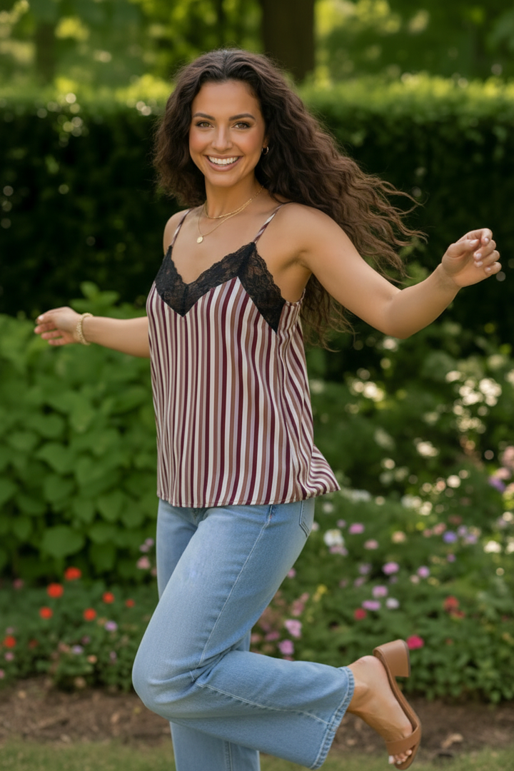 Lace Trim Striped Satin Cami    Joy & Country