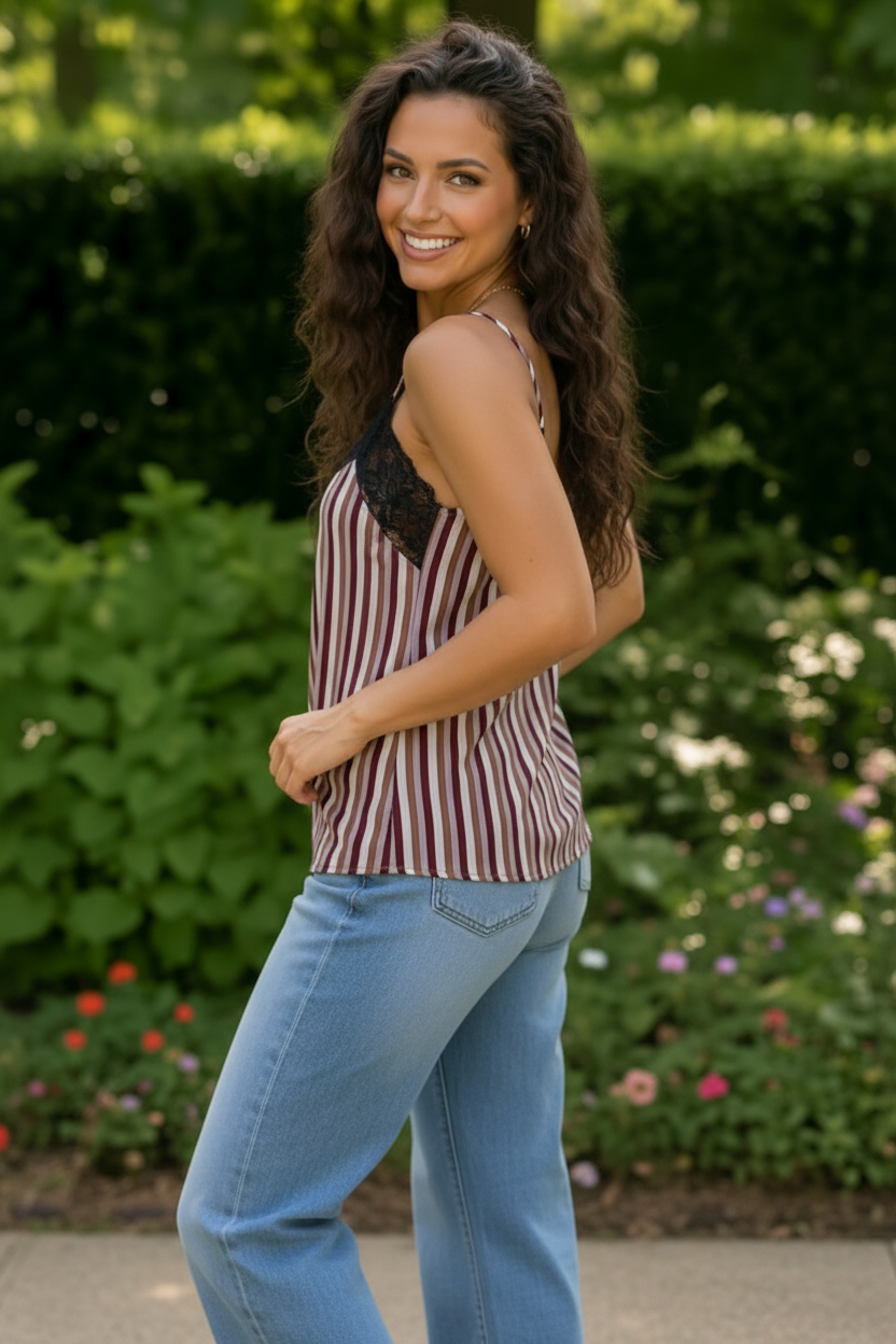 Lace Trim Striped Satin Cami    Joy & Country