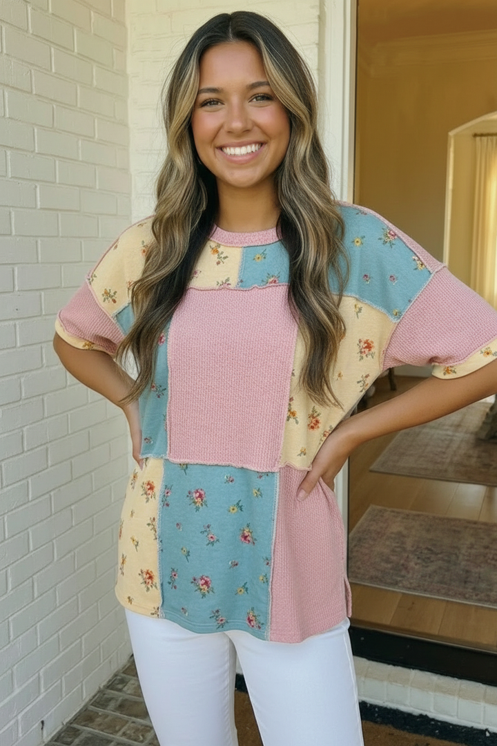 Patchwork Floral Waffle Knit Top    Joy & Country