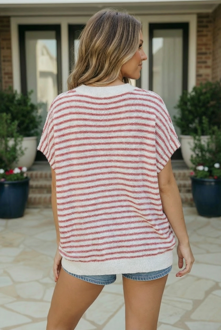 Breezy Stripe Knit Top in Ivory and Red    Joy & Country