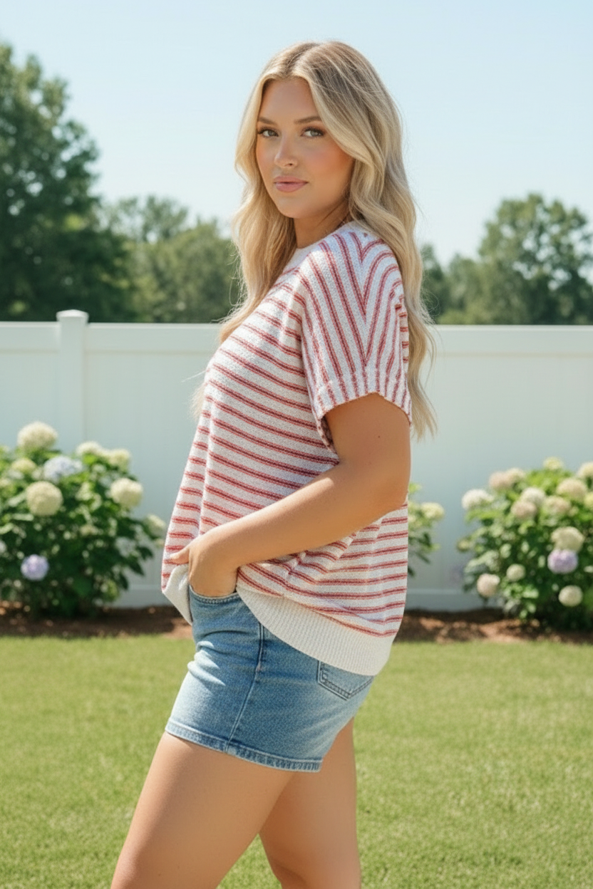 Breezy Stripe Knit Top in Ivory and Red    Joy & Country