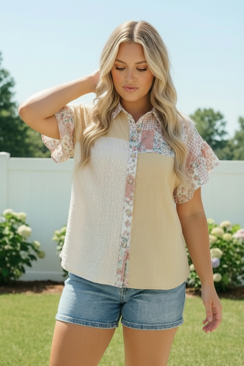 Pretty Patchwork Floral Button Down Top    Joy & Country
