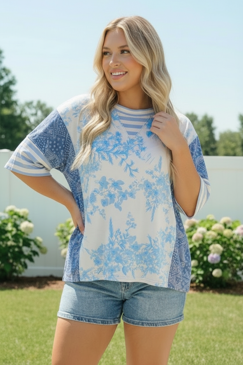 Blue Toile Mixed Print Oversized Tee    Joy & Country