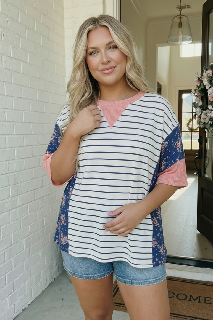 Stripe and Floral Mixed Media Oversized Top    Joy & Country