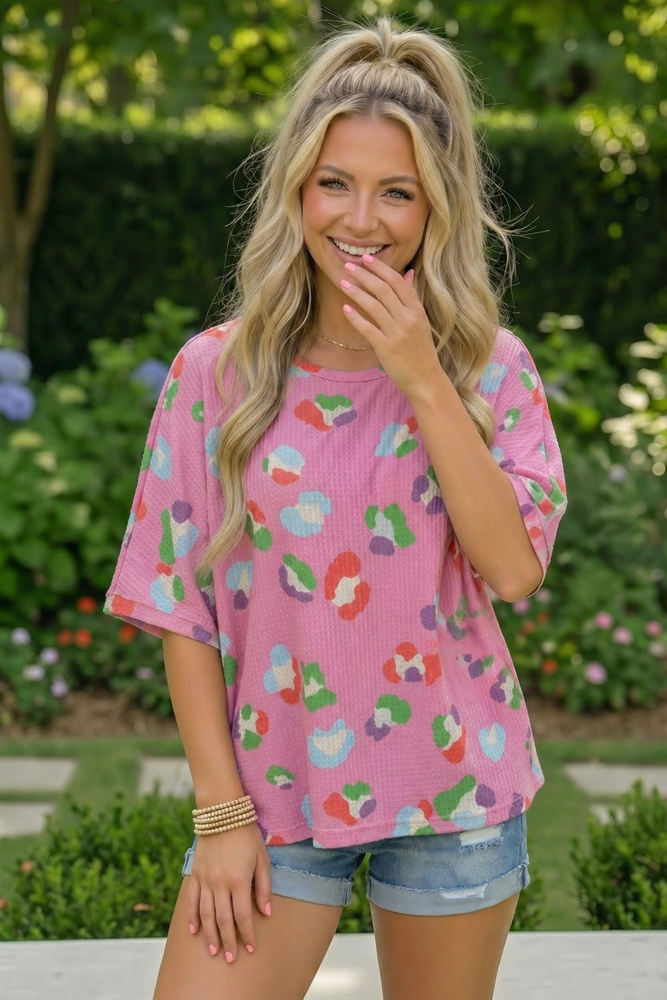 Colorful Leopard Print Waffle Knit Top in Pink    Joy & Country