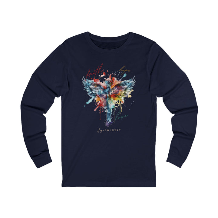 Faith, Hope, Love Cross With Angel Wings - Watercolor Design - Unisex Long-Sleeve Tee   Long-sleeve Joy & Country