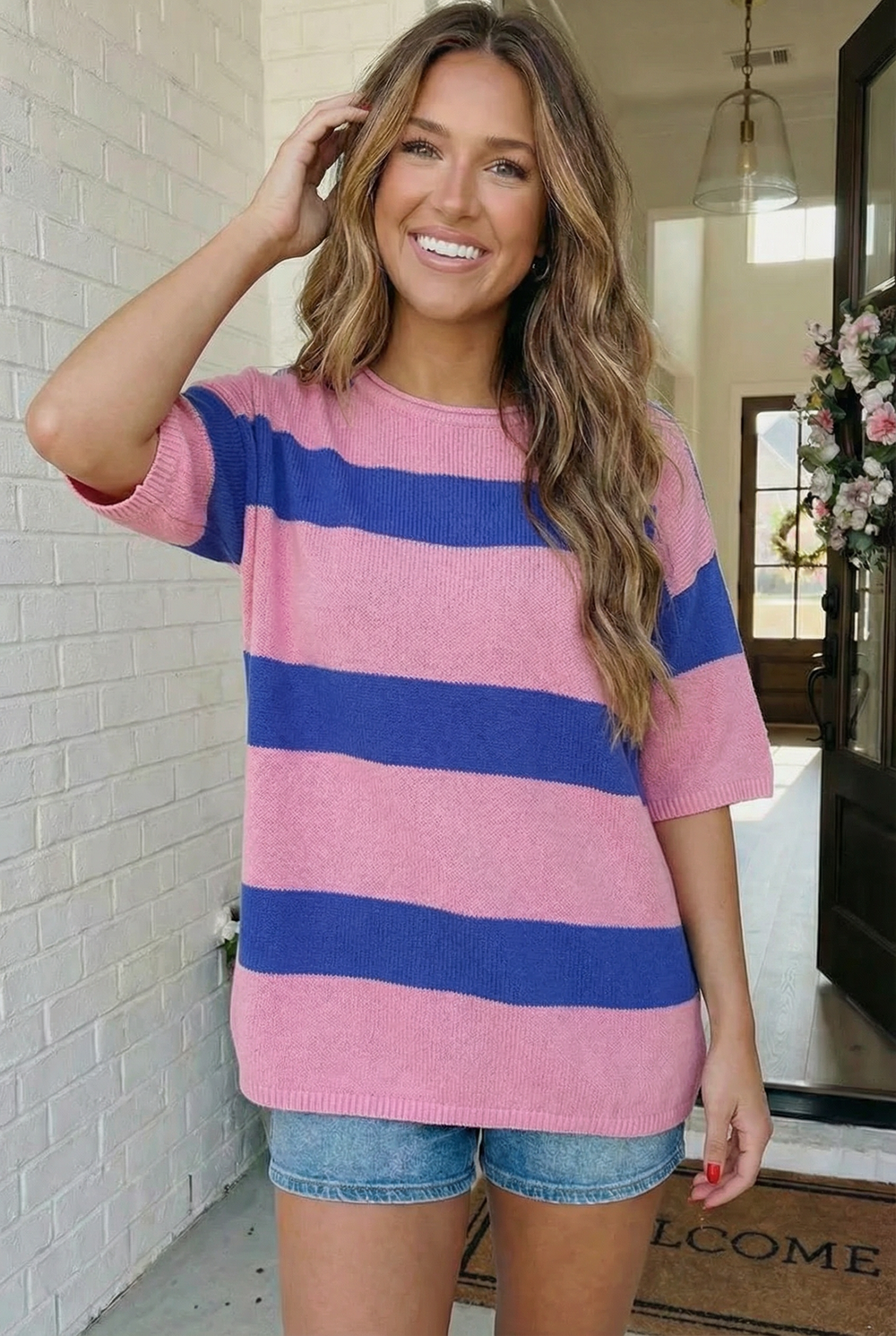 Skip the Line Pink and Blue Oversized Sweater Top    Joy & Country