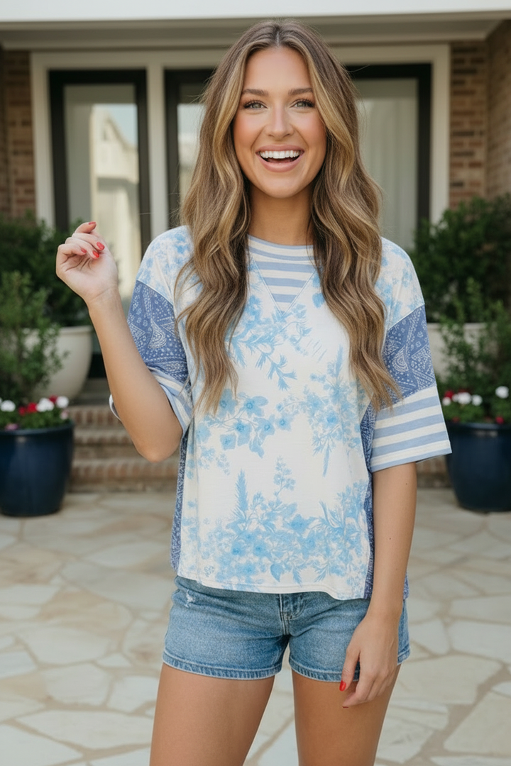 Blue Toile Mixed Print Oversized Tee    Joy & Country