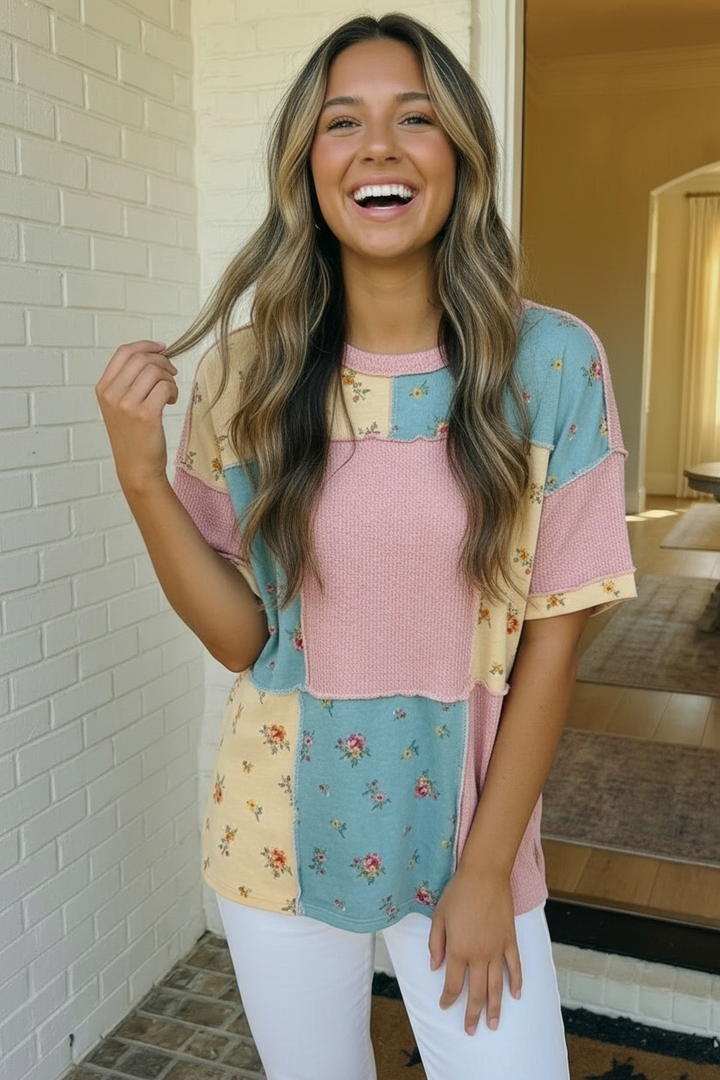 Patchwork Floral Waffle Knit Top    Joy & Country