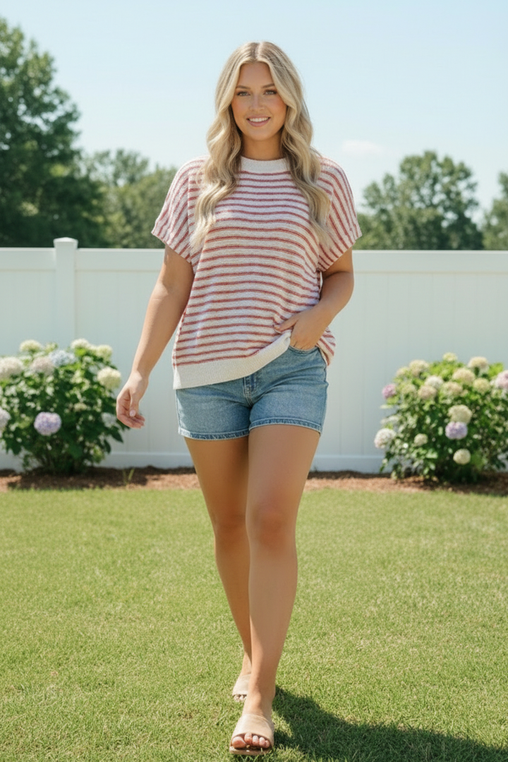 Breezy Stripe Knit Top in Ivory and Red    Joy & Country
